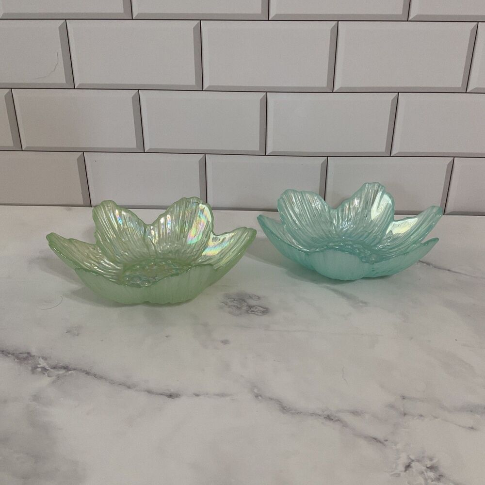 Akcam Iridescent Frosted Flower Shape Art Glass Bowl Handmade In Turkey Set of 2